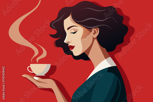 Side Profile Portrait of an Elegant Woman Holding a Coffee Cup – Red Background