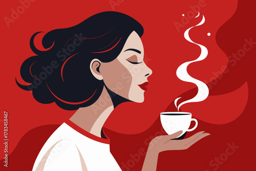 Side Profile Portrait of an Elegant Woman Holding a Coffee Cup – Red Background