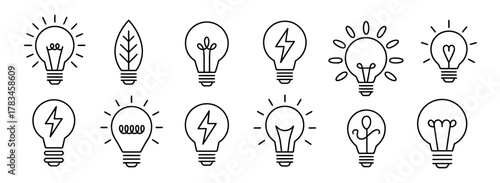 Lightbulb Icon Set. Linear Electric Lamp Vector for Idea, Creativity, and Electricity Symbols