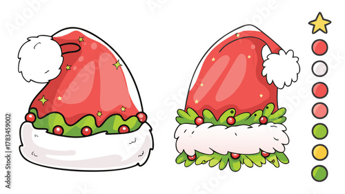 Two festive cartoon santa claus hats adorned with green leaves red berries and sparkling yellow stars on a white background