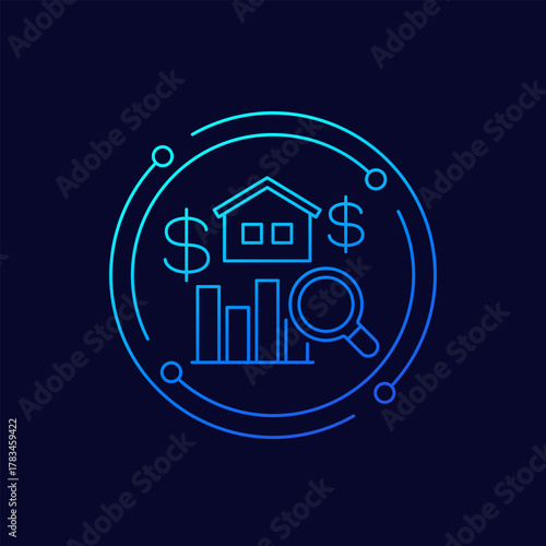 Housing market icon, real estate data analytics, linear design