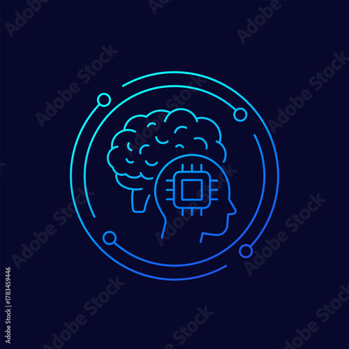 microchip in brain icon, neural implant linear design