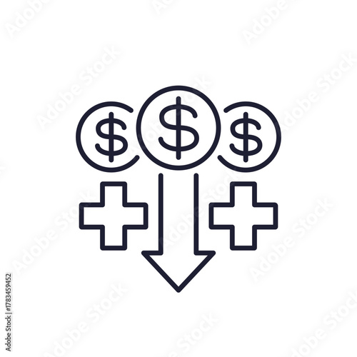 medical cost reduction icon, line vector