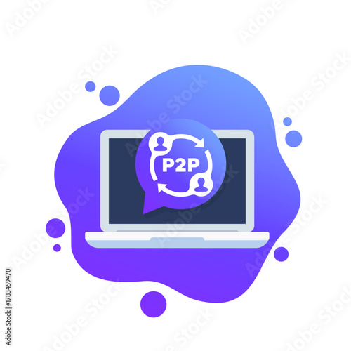 p2p icon, peer-to-peer decentralized economy vector design with laptop