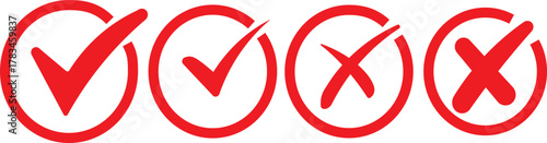 Check mark icon button set. Check box icon with right and wrong buttons and yes or no checkmark icons in green tick box and red cross. Isolated checkmark symbol