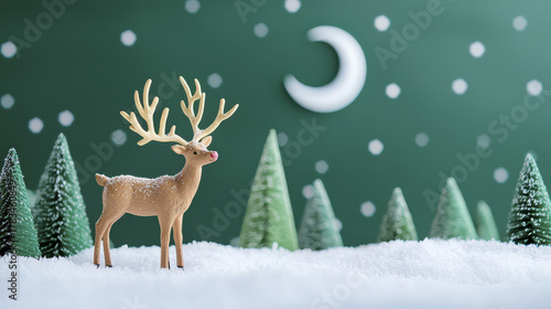 Reindeer figurine stands in snowy landscape with green trees and crescent moon, evoking serene winter scene