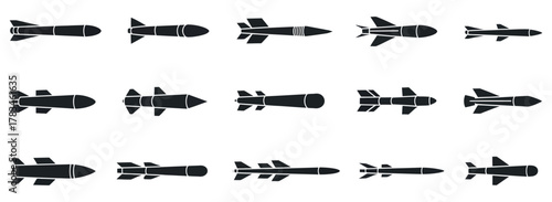 Military Rocket and Guided Missile Icons Set. Solid Style Vector Symbols for Defense and Warfare