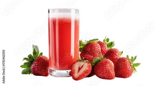 A beautiful arrangement of white strawberries next to a tall glass of strawberry juice, set against a showcasing the light and fresh appeal of the drink isolated on a Transparent background, PNG file.
