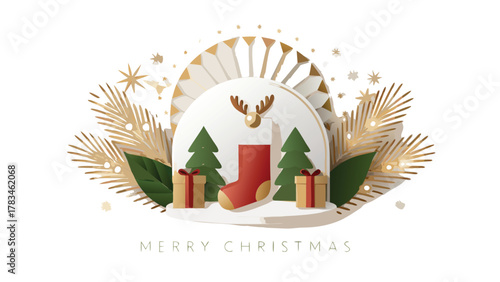 Festive christmas scene with a red stocking gifts evergreen trees and golden decorative elements on a white background