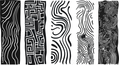 Set of five vertical black and white abstract patterns vector illustration isolated on white background concept for print web design banner poster sticker card and textile design