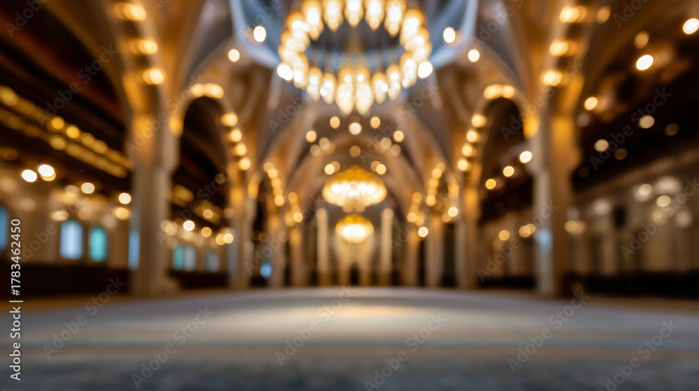 Obraz premium Blurred perspective of the mosque interior where symmetry and warm colors dominate, quiet sense of divine stillness, with copy space.