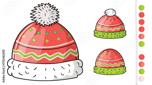 Cute cartoon winter hats with pom poms and fluffy trim in red and green festive colors