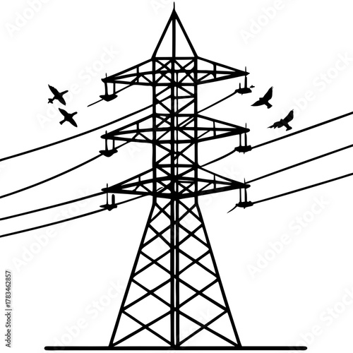 High voltage power line tower with birds