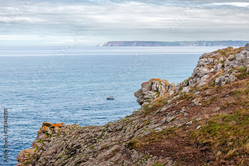 View of the cliffs around Pointe du Millier, in Finistère, Brittany, France.