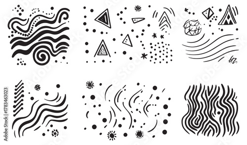 Set of six abstract hand drawn patterns with lines dots triangles and waves vector illustration isolated on white background concept for print web design banner poster sticker card and textile design