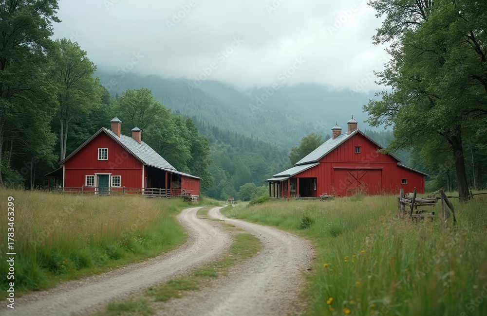 Obraz premium Red barns on a countryside farm road. Serene landscape with green trees and a cloudy sky. Rural scenic view with rustic buildings and nature.