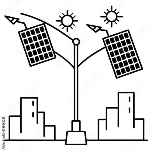 Solar panel street lamp with city buildings
