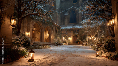 Fototapeta Naklejka Na Ścianę i Meble -  Church courtyard covered in snow, candlelight glow and serene Christmas calm
