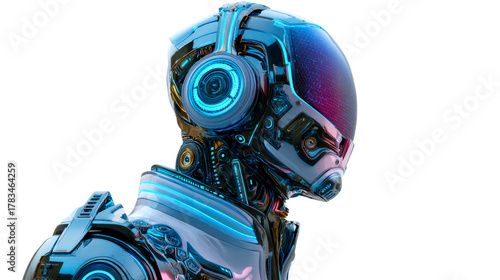 Futuristic robot head with glowing neon lights and metallic finish