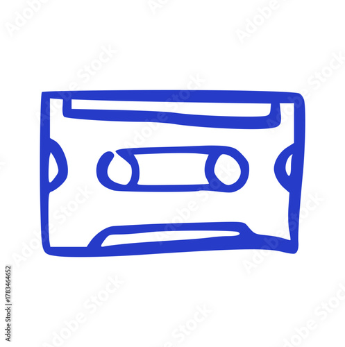 Hand Drawn Vintage Audio Cassette Tape, Blue Doodle on White Background. Doodle and Sketchy Style, Music, Retro, 80s, 90s, Nostalgia, Sound, Recording