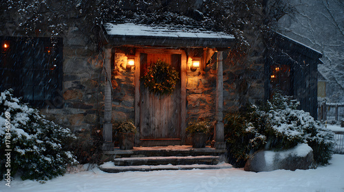 Cottage doorway with wreath under snowfall, warm lamp glow and cozy rustic harmony