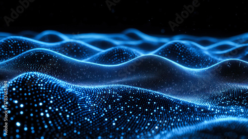 Glowing blue waves with sparkling lights create a mesmerizing abstract landscape at night