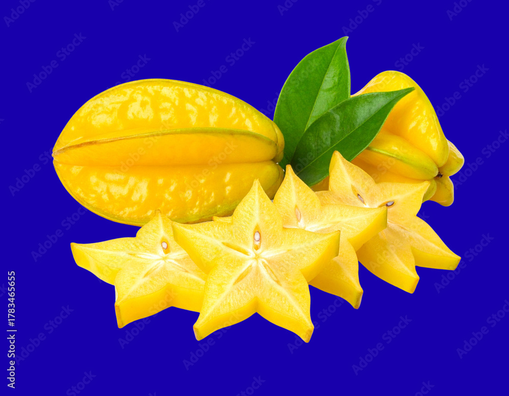 Fototapeta premium Fresh tropical starfruit duo collection, isolated on transparent background
