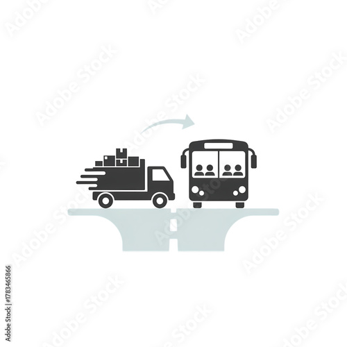 Truck shipping packages to bus, fast delivery icon