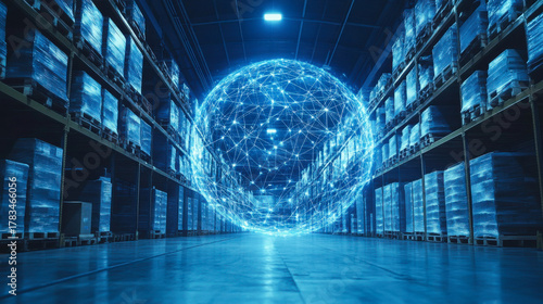 Advanced technology connected to logistics in a warehouse setting with network visualization