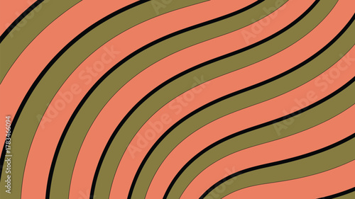 An abstract background with wavy alternating bands of peach and olive green separated by black lines