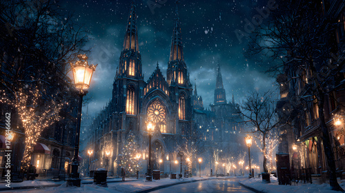 Festive night scene with glowing cathedral and snow, cinematic composition and emotional grandeur