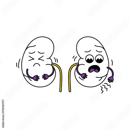 Cartoon kidneys suffering from pain and illness.
