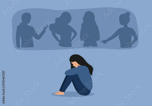 Social phobia, anxiety disorder consept. Sad woman struggle with loneliness and solitude in crowd.