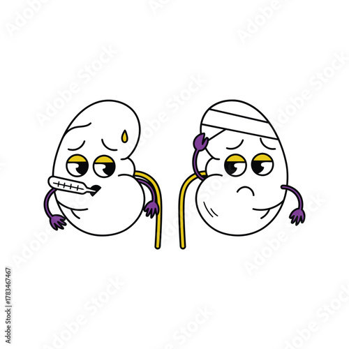 Cartoon kidneys with illness and injury.