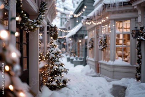 Fototapeta Naklejka Na Ścianę i Meble -  Snow covers the ground in a quaint area filled with boutique shops. Garlands and lights hang above, creating a warm holiday atmosphere in the crisp air
