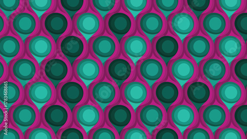 A vibrant retro pattern featuring teal circles nested within magenta teardrop shaped elements repeating