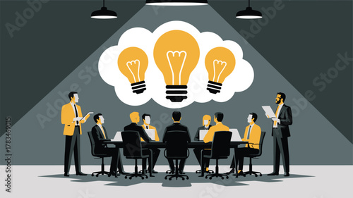 Business meeting with lightbulb ideas above a table with people in a dark room with lights above