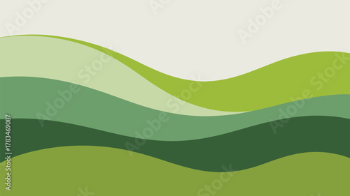 Abstract green landscape illustration featuring wavy lines and varying shades of green color palette