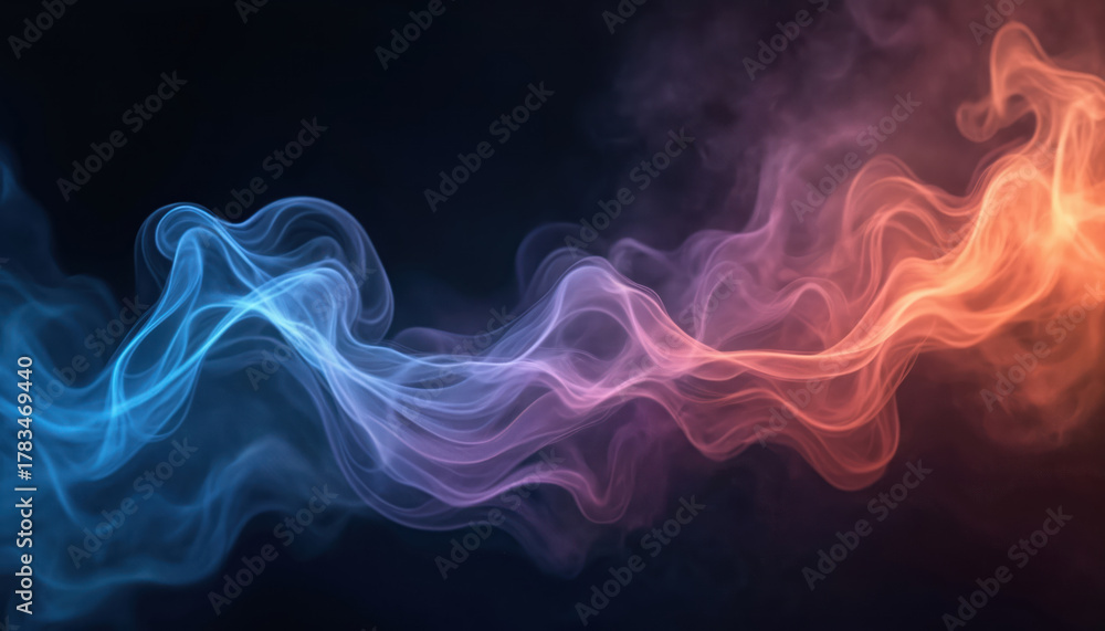Obraz premium Abstract illustration depicts colorful smoke or vapor waves on a dark background. Vibrant hues of blue pink and orange create an ethereal atmosphere with motion blur.