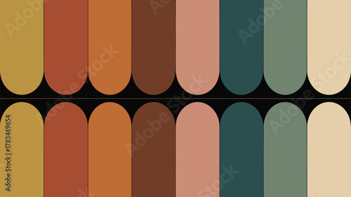 A symmetrical arrangement of rounded rectangles in earthy tones on a black background creating a pattern