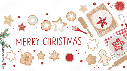 Merry christmas greeting with festive cookies baking tools and pine branches on a white background
