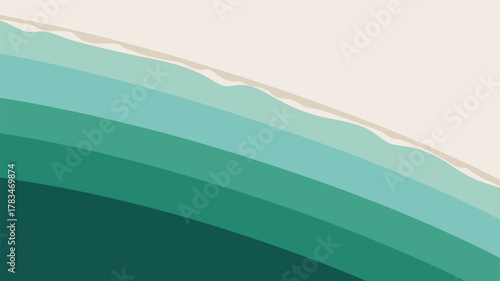 Abstract illustration of ocean waves in shades of green and blue with a sandy beach top right