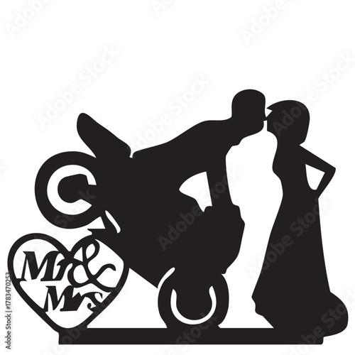 Romantic Motorcycle Couple Vector — Black Silhouette of Wheelie Kiss Scene with “Mr & Mrs” Heart Emblem for Wedding Design