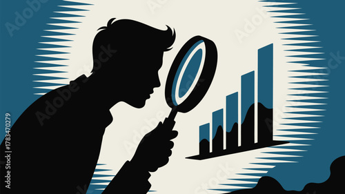 A silhouette of a man analyzing a bar graph with a magnifying glass for business analysis purposes