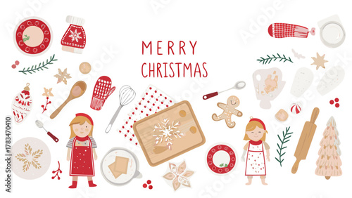 Merry christmas baking scene with cute cartoon children festive ingredients and baking tools in a flat design style