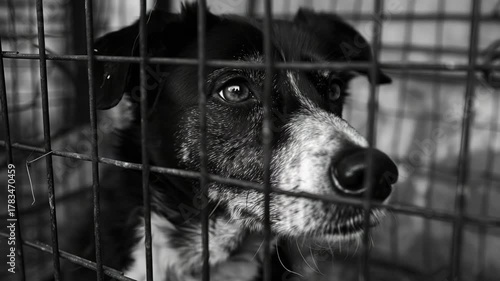 A black and white dog confined within a metal cage with bars.