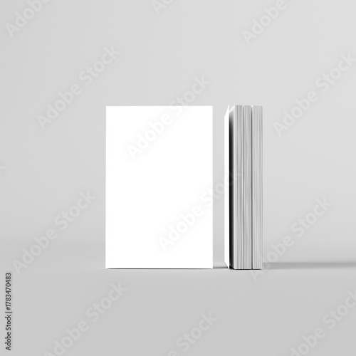 Blank white book mock-up on soft gray background. 3d rendering. White Book. Blank Cover Of Magazine, Book, Booklet, Brochure Isolated On White Background. Mock Up Template. 3D rendering.