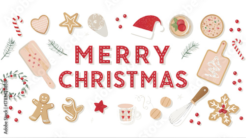 Festive merry christmas greeting with baking elements and holiday treats on a white background