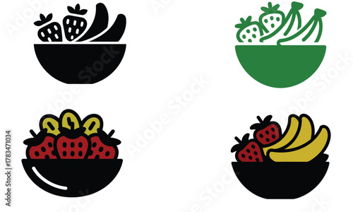 Colorful fruit bowl icon set with strawberries and bananas on white background  
