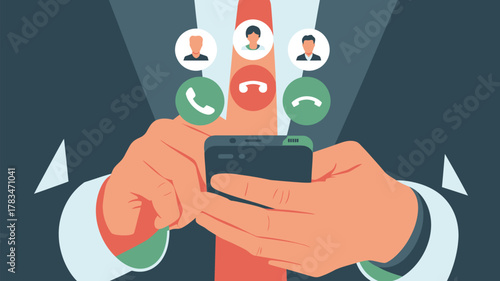 A person in a suit holding a smartphone with incoming call icons above the device in cartoon style